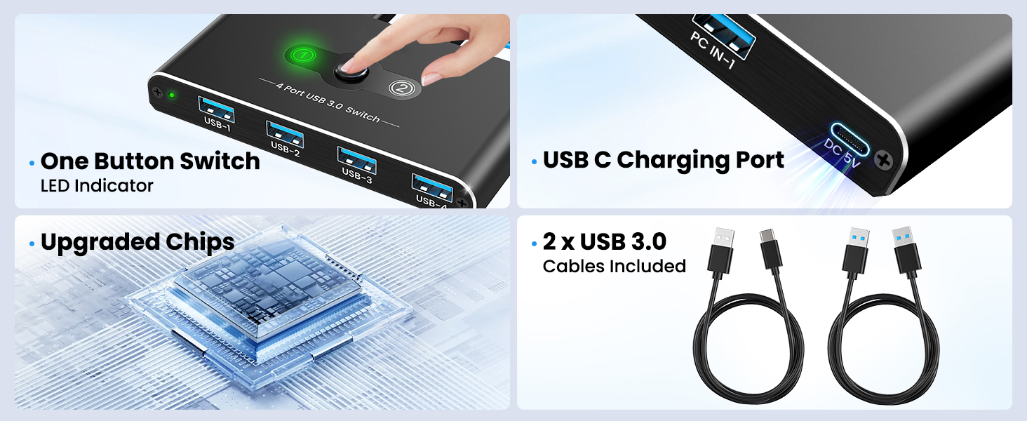 4 Port USB 3.0 Switch, USB 3.0 Switch 2 Computers Sharing 4 USB Devices, 5Gbps High-speed, 2 in 4 ou