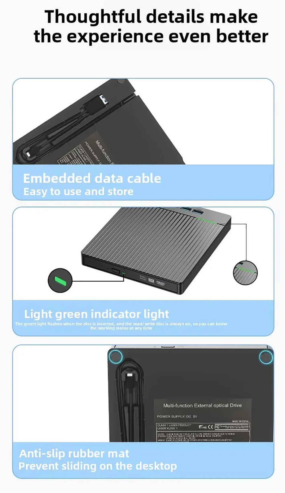 7 in1 External CD DVD Burner Recorder with 4 USB A Hub & SD/TF Card Reader, External CD/DVD Drive US