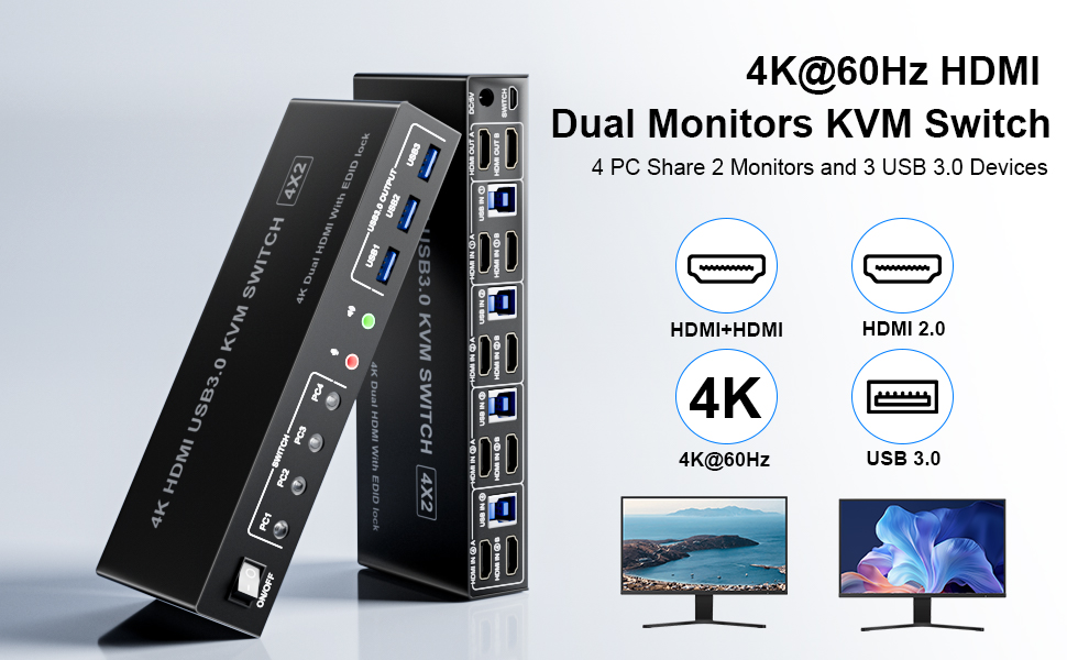 USB 3.0 Dual Monitor 4 Port HDMI + HDMI KVM Switch 4K@60Hz for 4 Computers  With this 4 port USB 3.0