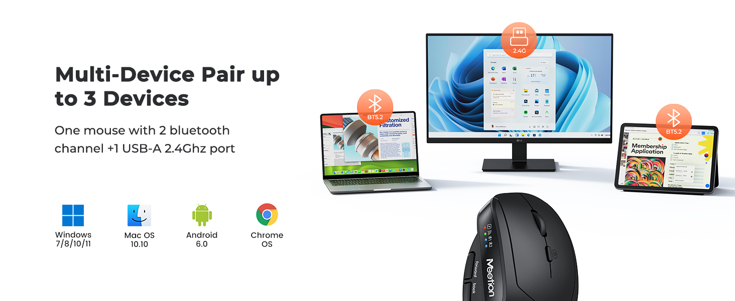 Ergonomic Mouse, Wireless Mouse, Bluetooth Vertical Rechargeable Mice, 4 Adjustable DPI 800-2400, Bl