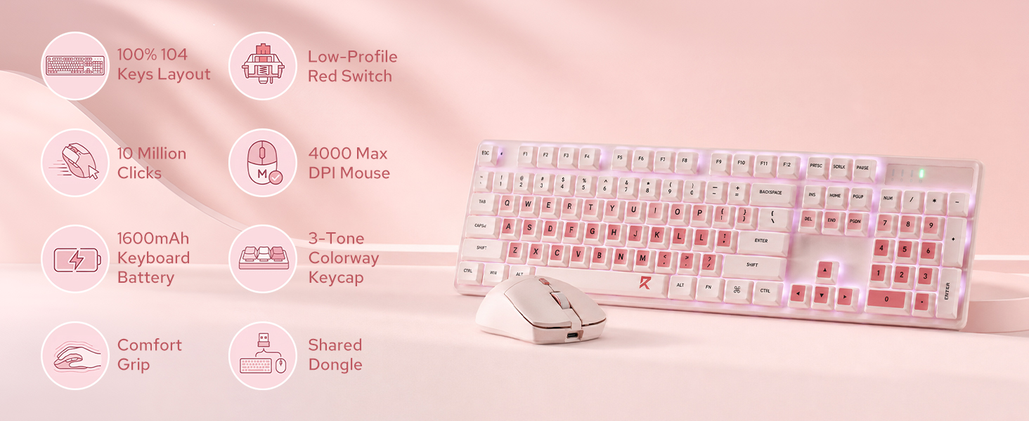 Redragon BS8531 Wireless 104-Key Low-Profile Keyboard, 4000 DPI Mouse Combo | 30% Slimmer Ultra-Thin