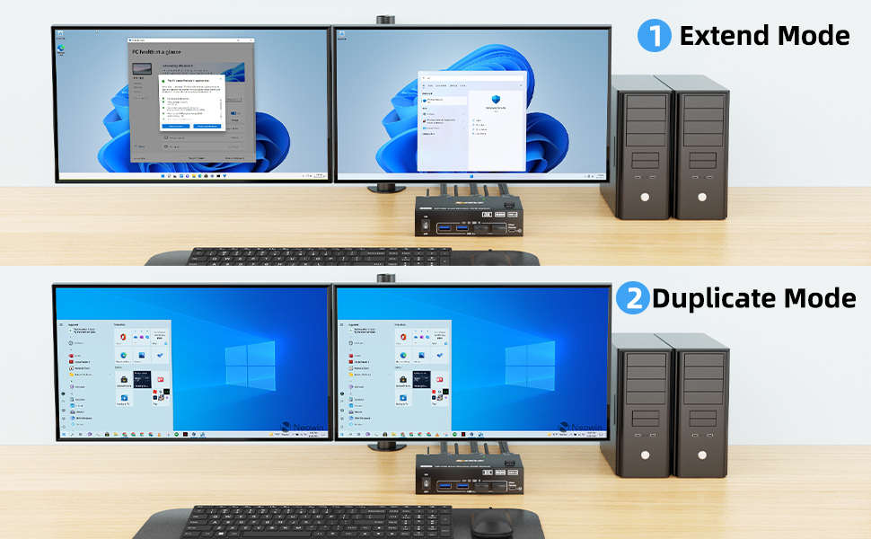 Step 1: Connect 1 HDMI cable + 1 Displayport cable + 1 USB cable to PC 1 and KVM switch (INPUT A1, I