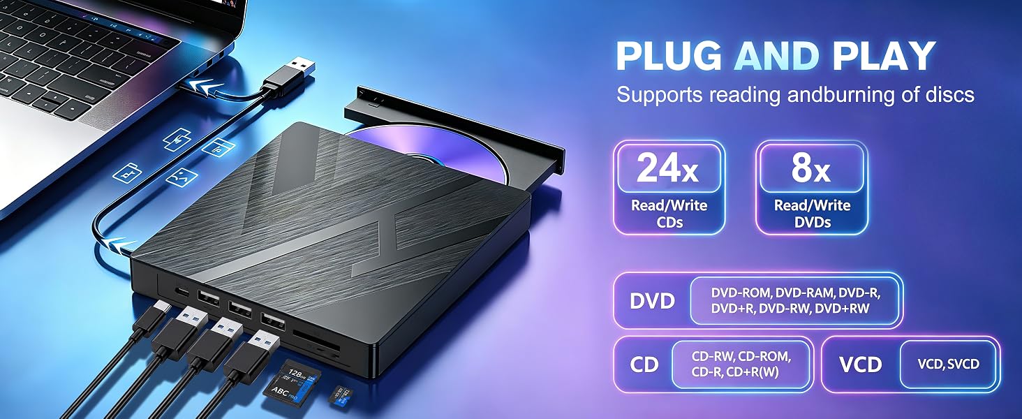 7 in 1 External CD DVD Drive USB 3.0 Type-C Slim Portable Player CD DVD RW Burner Writer Reader with