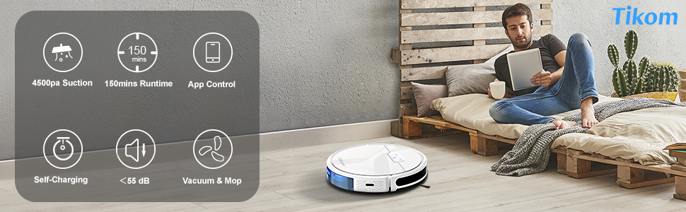 Robot Vacuum and Mop Combo 2 in 1, 4500Pa Strong Suction, Tikom