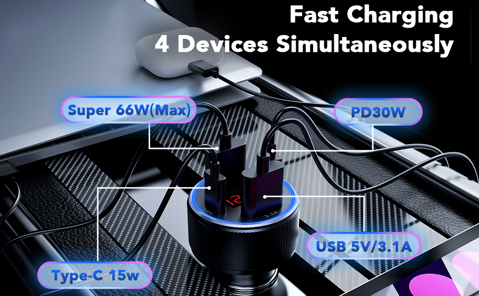 USB C Car Charger Adapter, 66W 4 Port Metal Car USB Charger with Voltmeter Dual USB C Car Phone Char