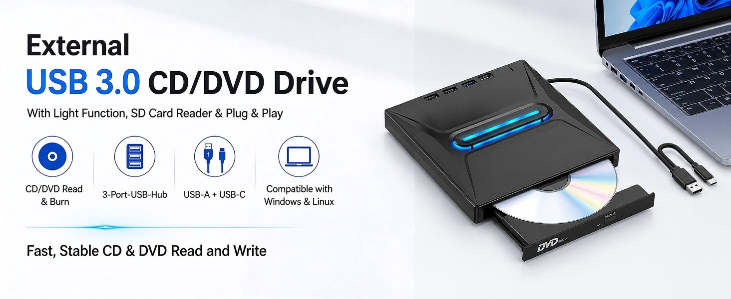USB 3.0 Type C External CD/DVD Drive with Light Function, Portable Type-C DVD+/-RW Optical Disk Driv