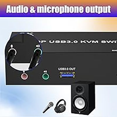 Audio and microphone output KVM switch dual monitor comes with a 3.5mm Audio Jack port with a DAC ch
