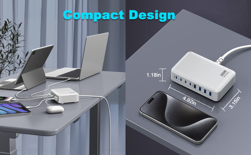 USB C Charger, 200W 8-Port QC & PD USB C Charging Station Hub, GaN Fast Charger