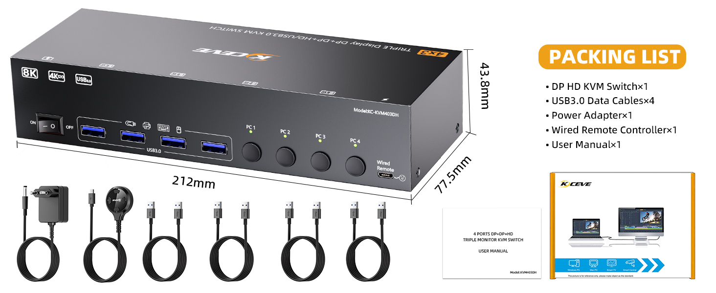 8K@60Hz KVM Switch 3 Monitors 4 Computers, HDMI + 2 Displayport KVM Switch Triple Monitor for 4 Comp