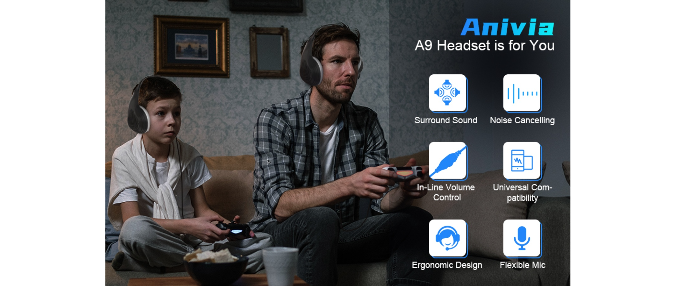 Anivia A9 gaming headset, over ear wired headphone, 3.5mm jack, family gaming, flexible mic