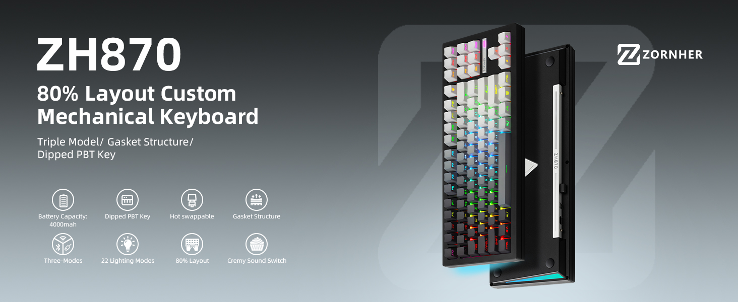 ZORNHER ZH870 Wireless Mechanical Gaming Keyboard,80% Black Custom