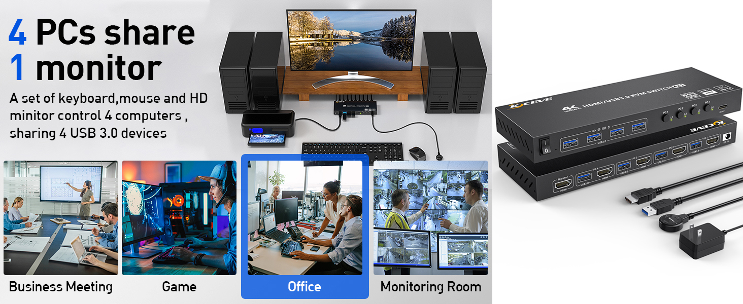 USB 3.0 KVM switch is designed for 4 Computers sharing one set of Keyboard, Mouse and 1 Monitor.