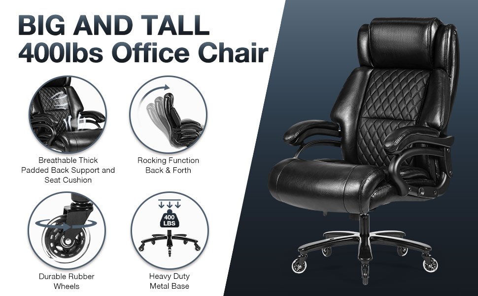 VANBOW Big and Tall Office Chair 500lb for Heavy People with Double Padded  Memory Foam Seat Cushion Leather Executive Office Chair with Lumbar Support  and Adjustable Footrest for Home Work,Black 