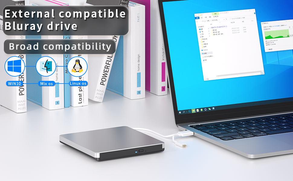 External Blu-ray Drive, BD Player with Read/Write Capability Portable Blu-ray CD/DVD Drive Burner wi