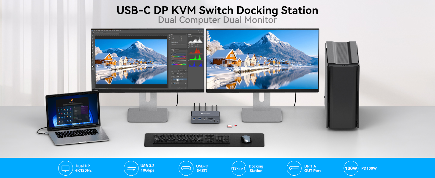 13-in-1 KVM Docking Station USB C KVM Switch 2 Monitors 2 Computers DisplayPort 4K@120Hz for 1 Deskt