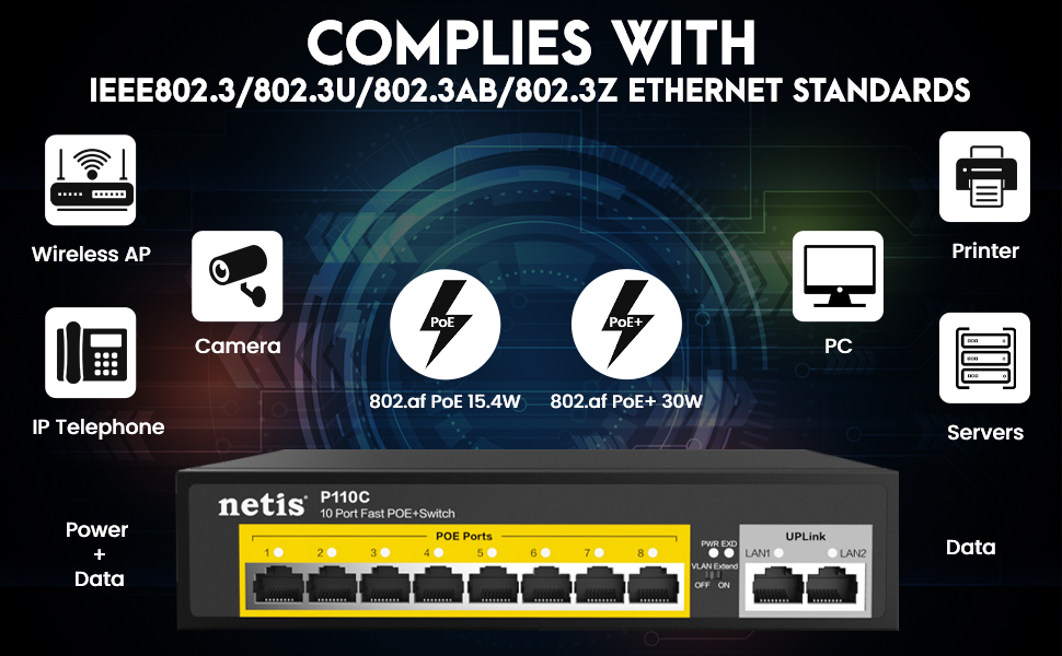 Netis P110C 8 POE+2 Uplink 100M Standard Fast Ethernet POE/ POE+ Switch ...