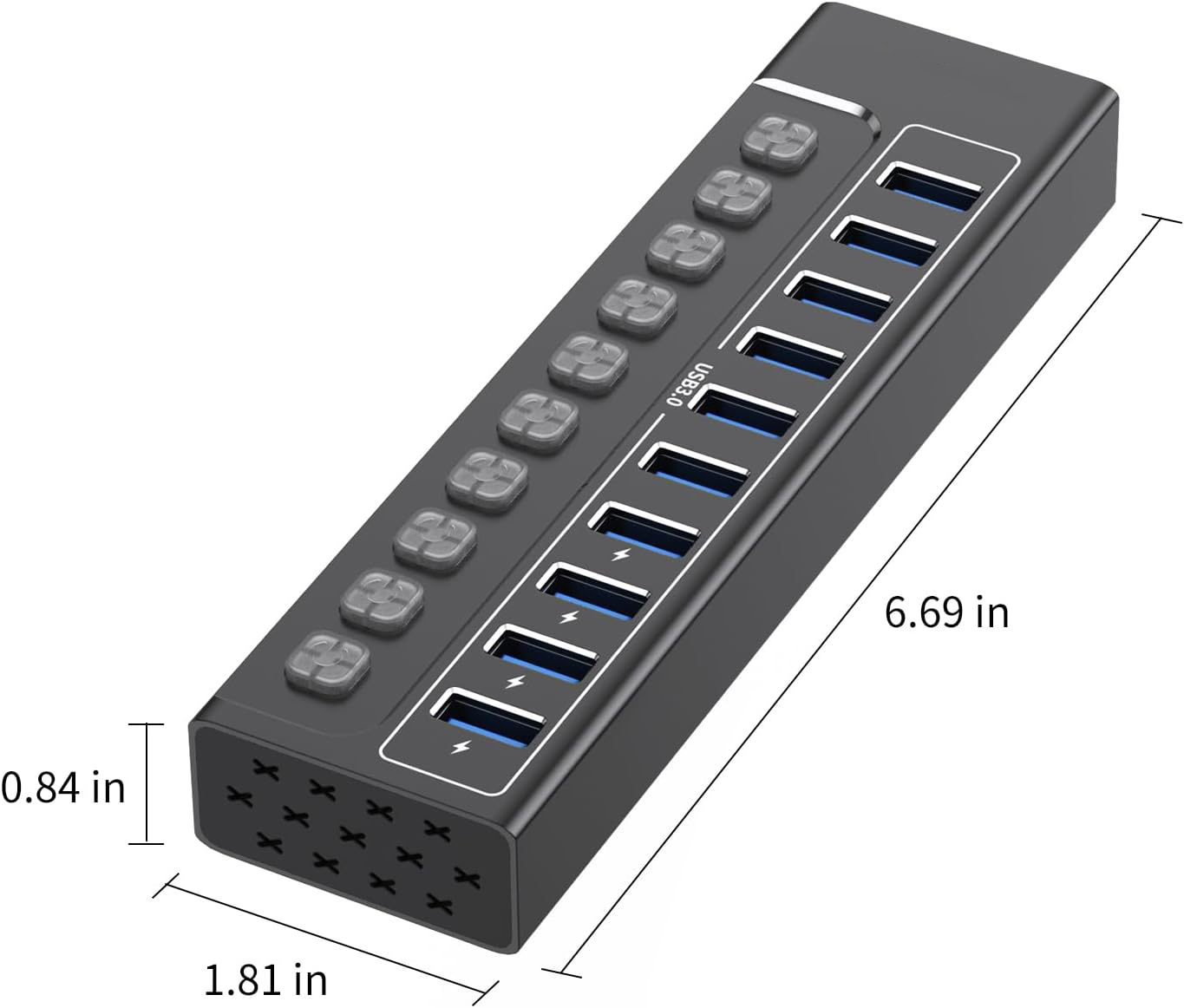 Powered USB Hub 3.0, 10-Port USB 3.0 Hub Splitter with Individual Switches and Indicator Lights, 10