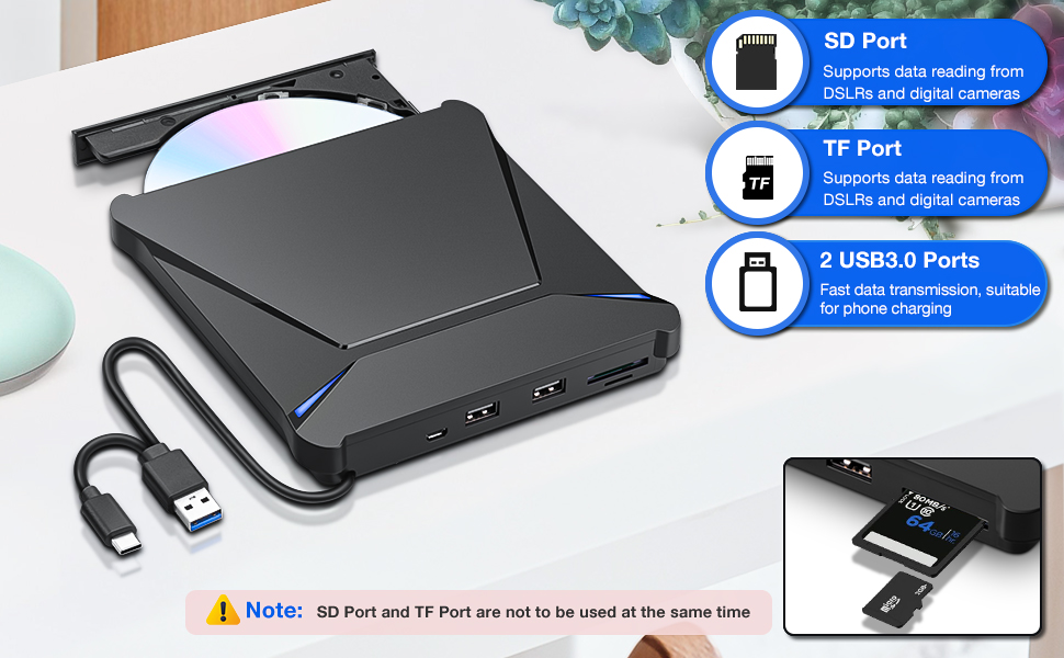 External CD DVD Burner and Reader with USB Ports SD/TF Slots