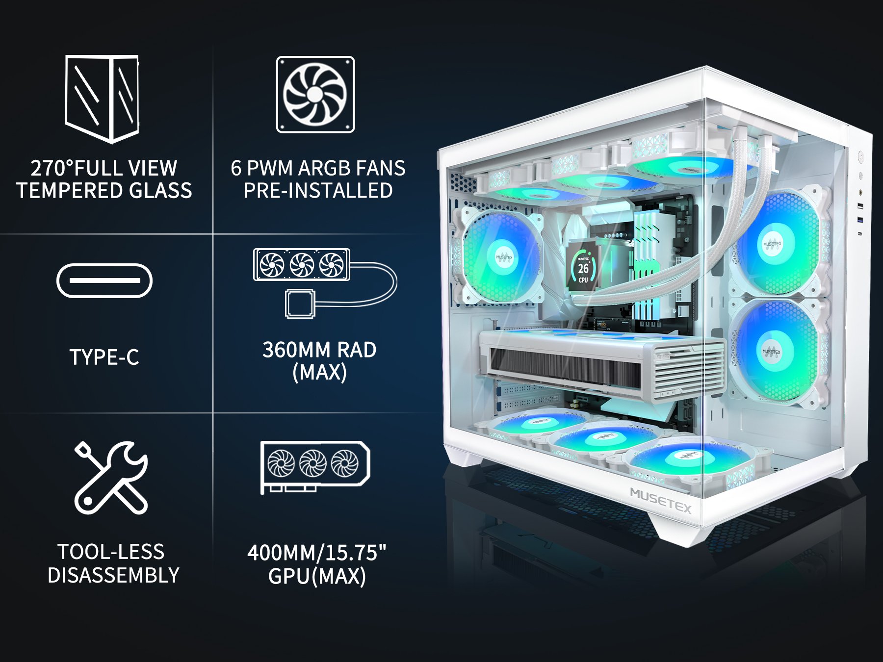 MUSETEX ATX PC Case, 6 PWM ARGB Fans Pre-Installed, 360MM MUSETEX ATX PC Case, 6 PWM ARGB Fans Pre-Installed, 360MM