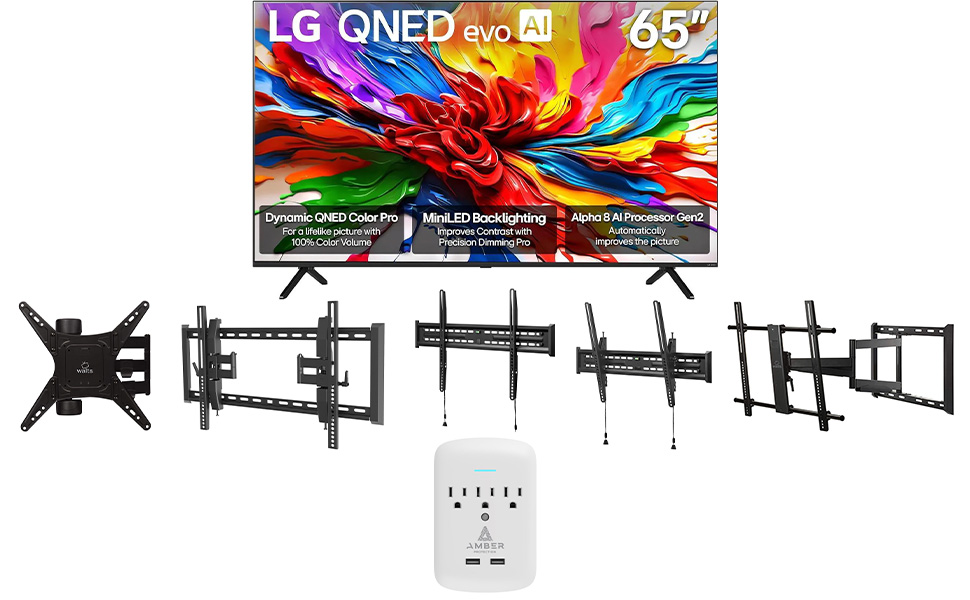 LG 65QNED92AUA QNED TV with Walts Mount and Amber Protection 3-Outlet Surge Protector