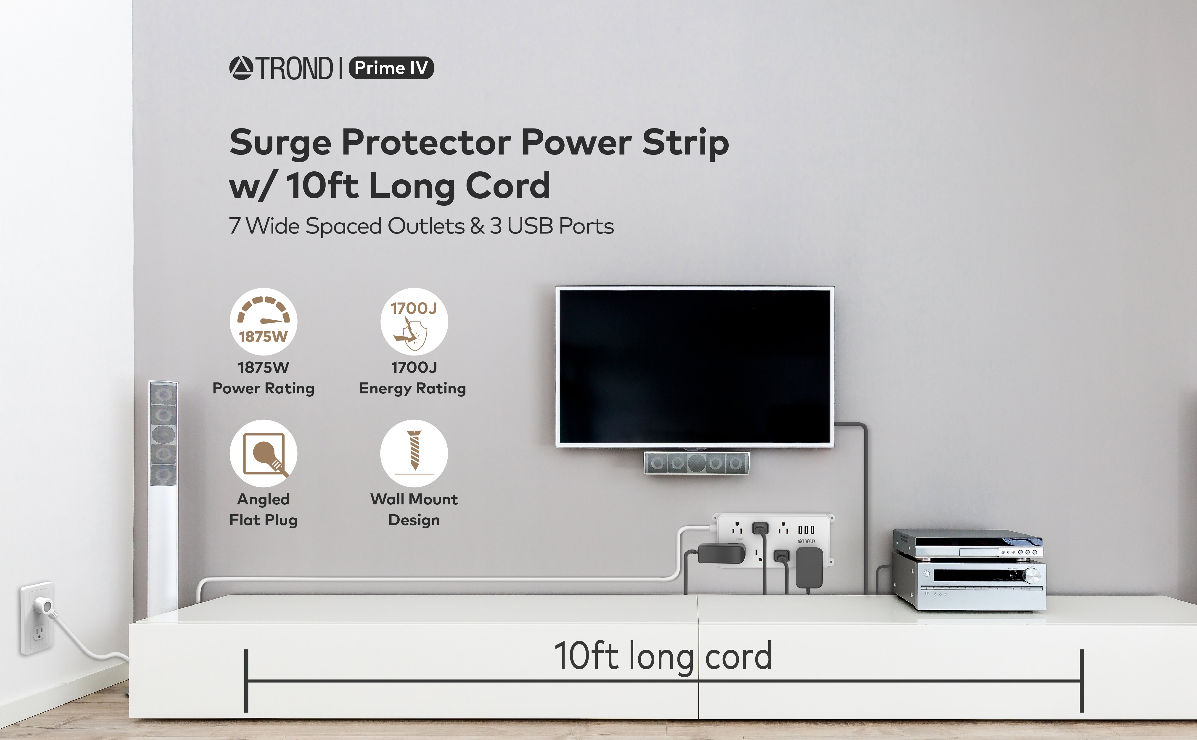 TROND 7AC surge protector power strip 10ft white