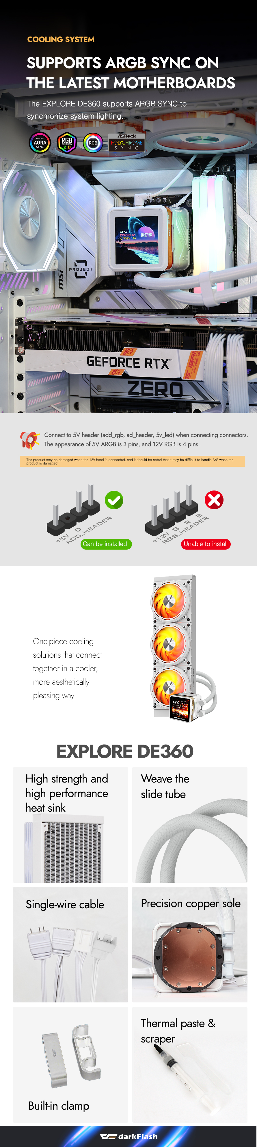 darkFlash DE360 360mm AIO Liquid CPU Cooler 2.88" IPS Display 5V ARGB Lighting Copper Water