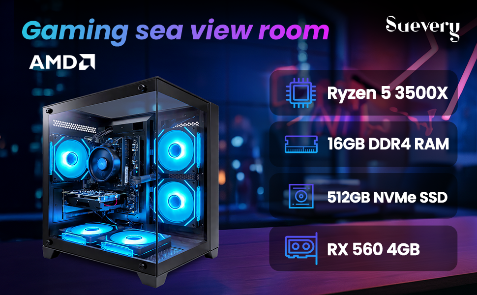 Suevery Gaming PC Desktop - AMD Ryzen 5 3500X, Radeon RX 560, 16GB DDR4 RAM, 512GB NVMe SSD, WiFi 6