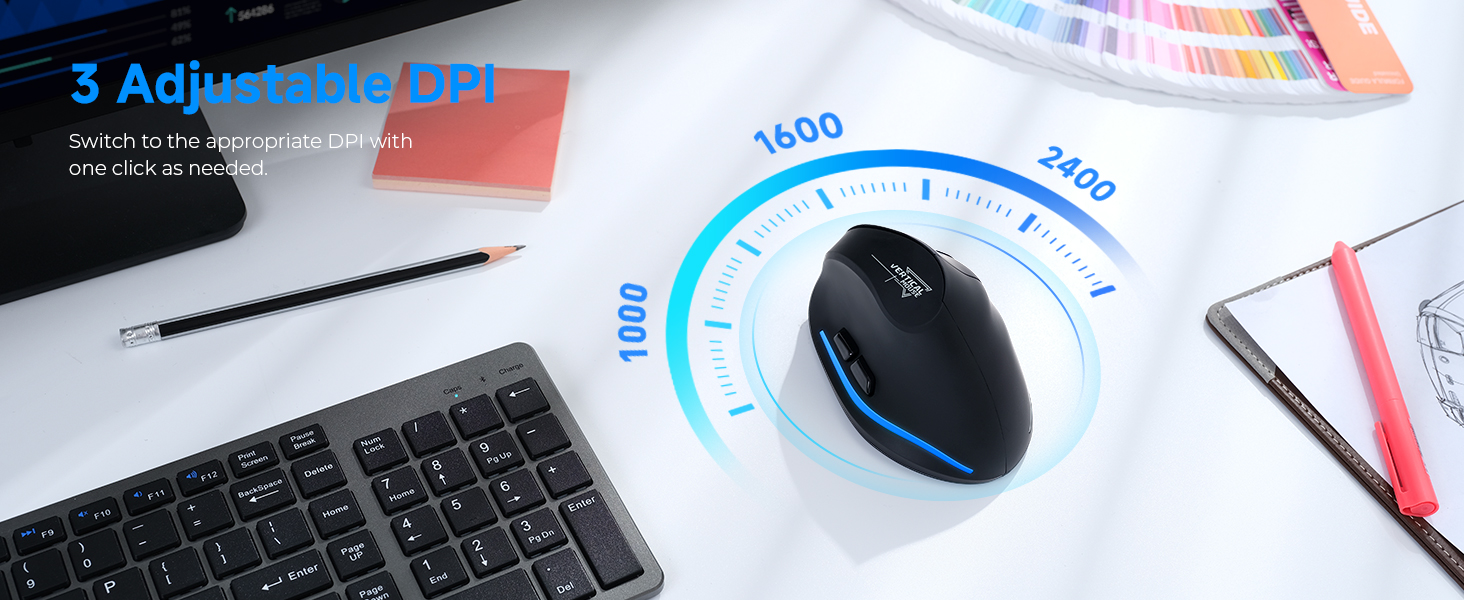 Ergonomic Wireless Mouse, Bluetooth Vertical Mouse with LED Light, Control Up to 3 Devices (BT5.0+BT
