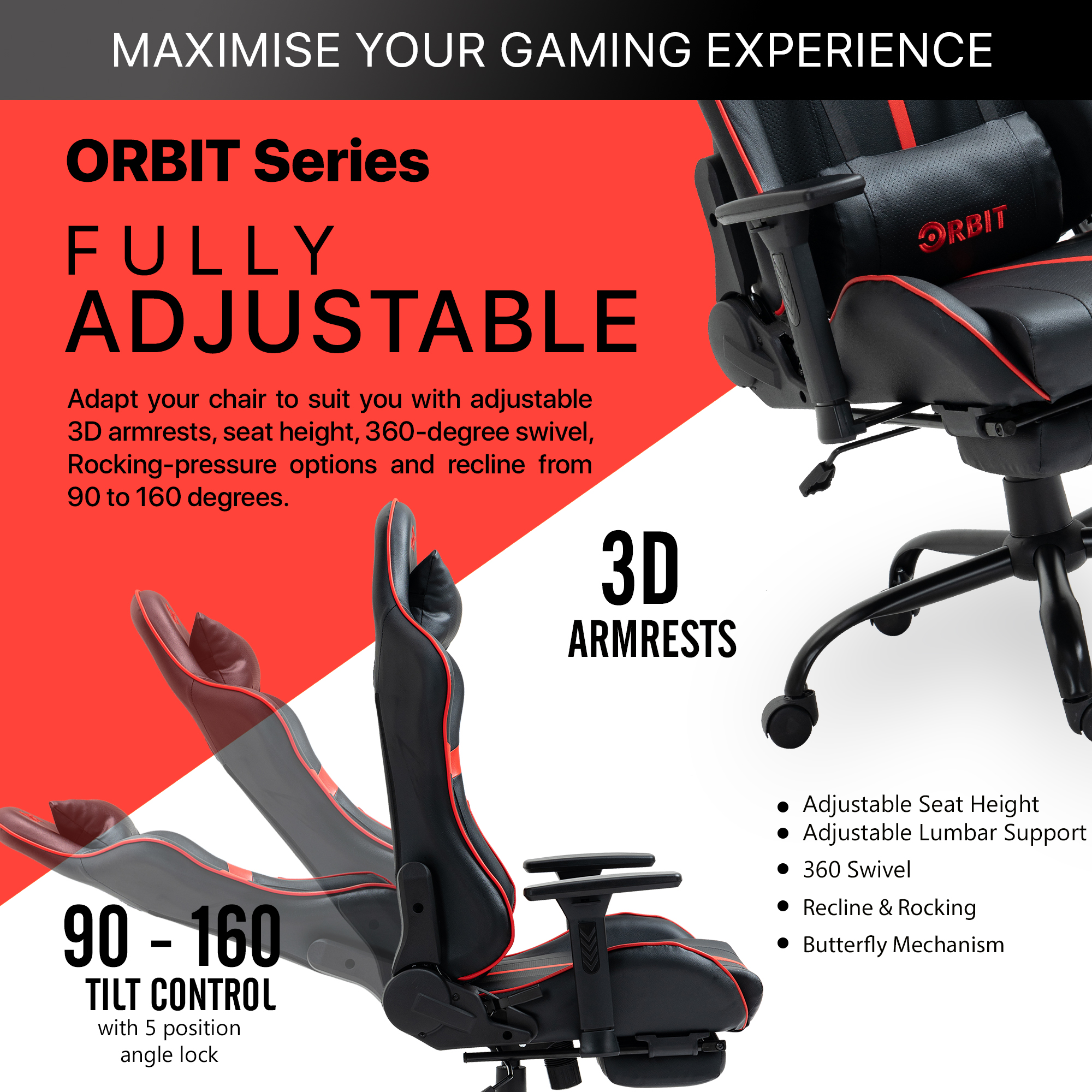 The backrest can be positioned at any angle from 90-160 degree reclining for work, gaming, studying