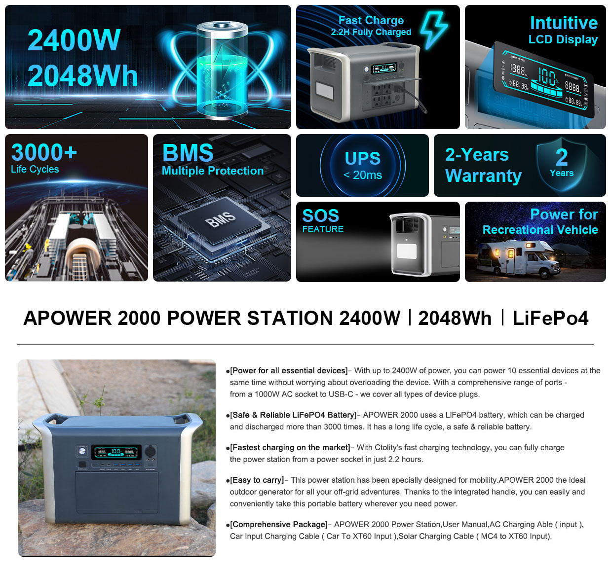 UAPOW 2400W Portable Power Station LiFePO4 Battery - 2048Wh Solar Generator 2 Hr Fast Charge for Out