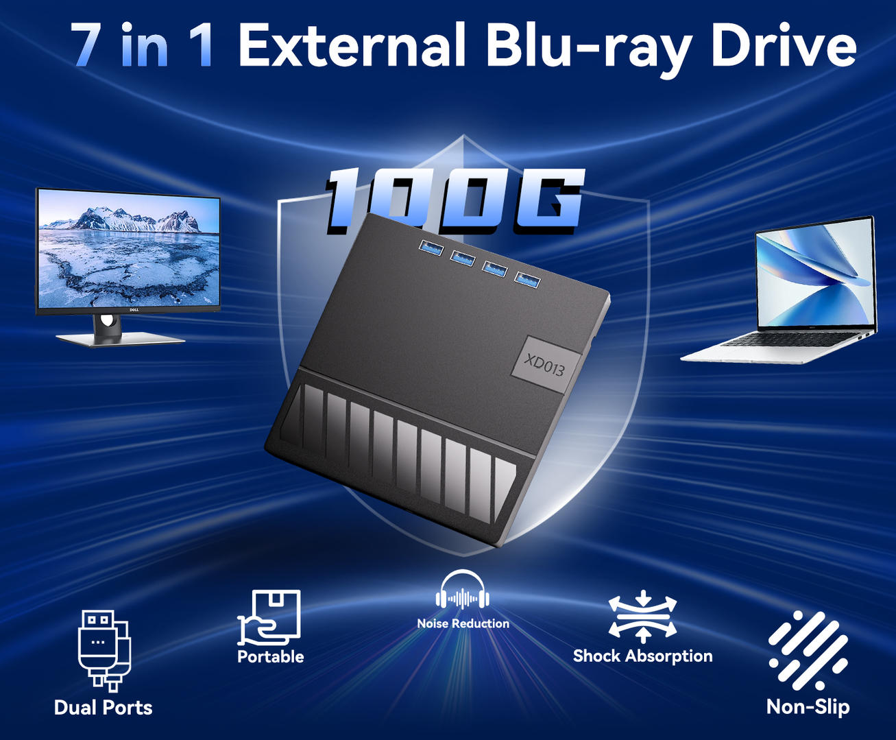 7 in 1 External Blu Ray Drive, Blu Ray Burner Support 100G Disc R/W Bluray Burner External with SD/T