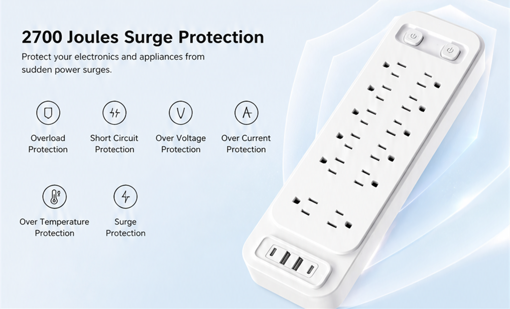 2.Overload Surge Protection: This power strip has overload protection, short-circuit protection, ove
