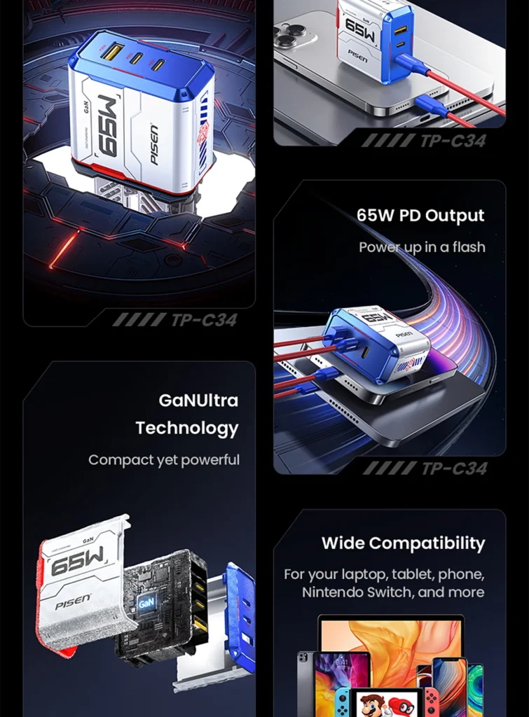 PISEN Gamer Lite 65W 3-Port GaN Fast Charger&nbsp;