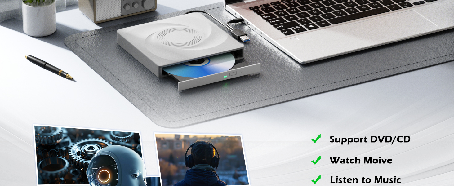 External CD/DVD Drive for Laptop, Portable USB 3.0 & Type-C Disk Drive | External DVD Drive, DVD Pla