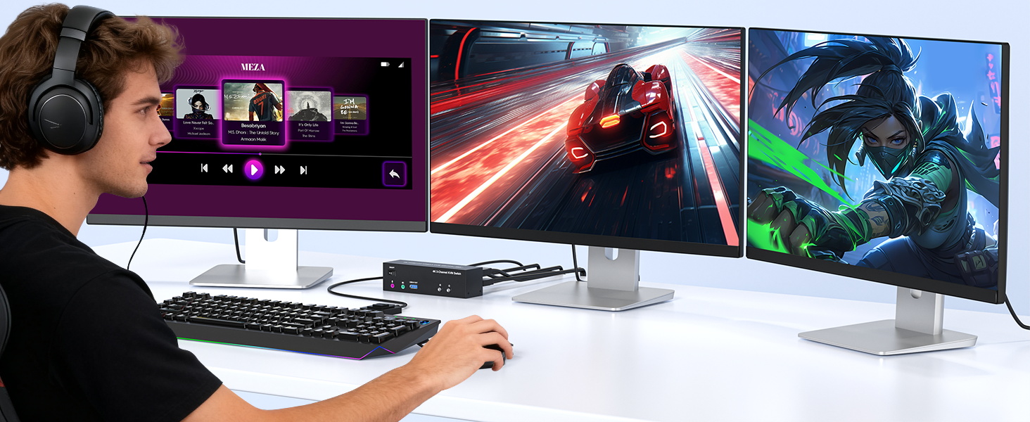 4K KVM Switch 3 Monitors 2 Computers, Triple Monitor Displayport + 2 HDMI USB 3.0 KVM Switches 4K@60