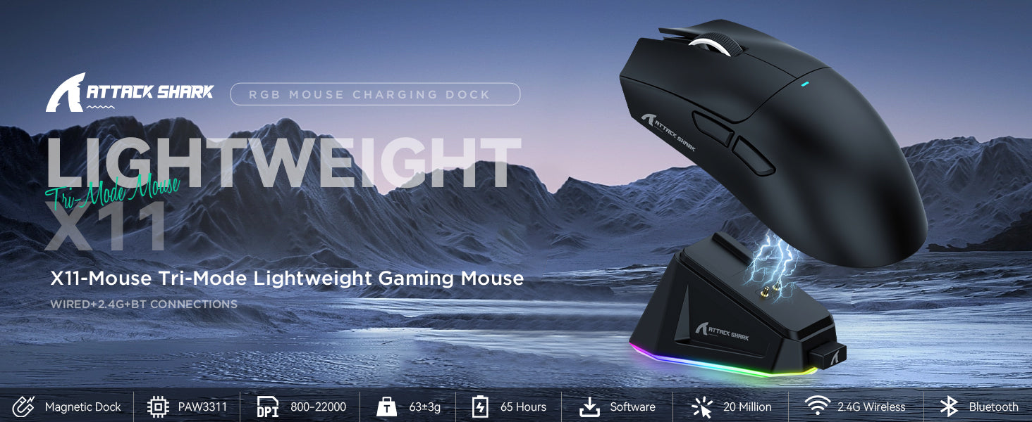 X11 Lightweight Wireless Gaming Mouse with RGB Charging Dock, Tri-Mode-2.4G/USB-C Wired/BT
