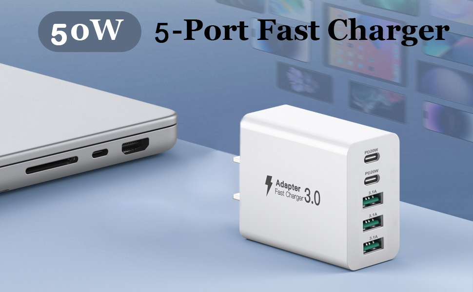 [2-Pack] USB C Charger Block, 5 Ports 50W Charging Blocks, Fast Wall Charger
