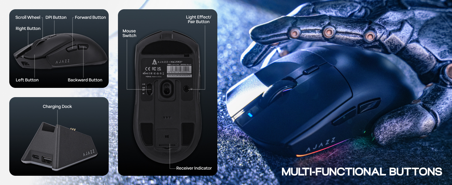 AJ139 V2 MC Gaming Mouse with Charging Base, Adjustable 12,000 DPI, PAW3311 Sensor, 3 Modes Wireless