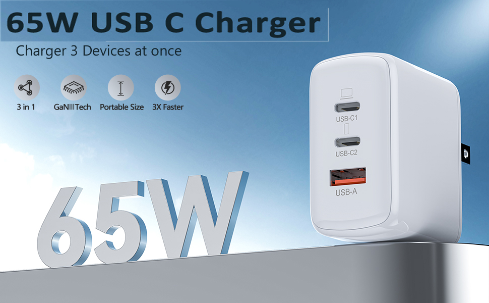 65W 3-Port GaN Fast Charger