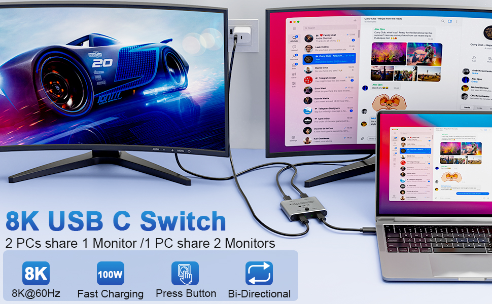 8K USB C Switch, Bi-Directional USB-C KVM Switcher, Supports 8K@60Hz/4K@144Hz Video, 100W Power Deli