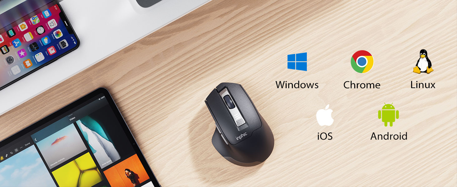 The wireless mouse features whisper-quiet left/right