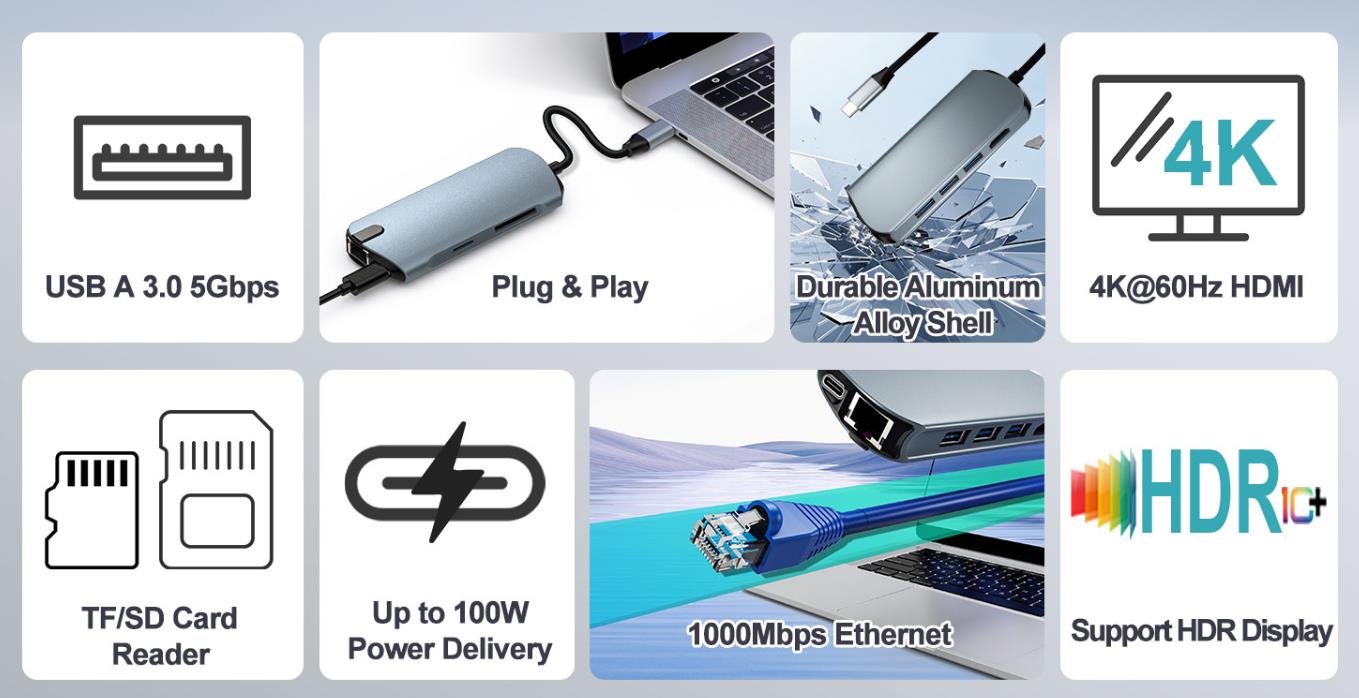 8-in-1 USB C Hub Ethernet Adapter with 4K@60Hz HDMI, 100W PD Charging, 3X USB 3.0 Ports, 1Gbps RJ45,