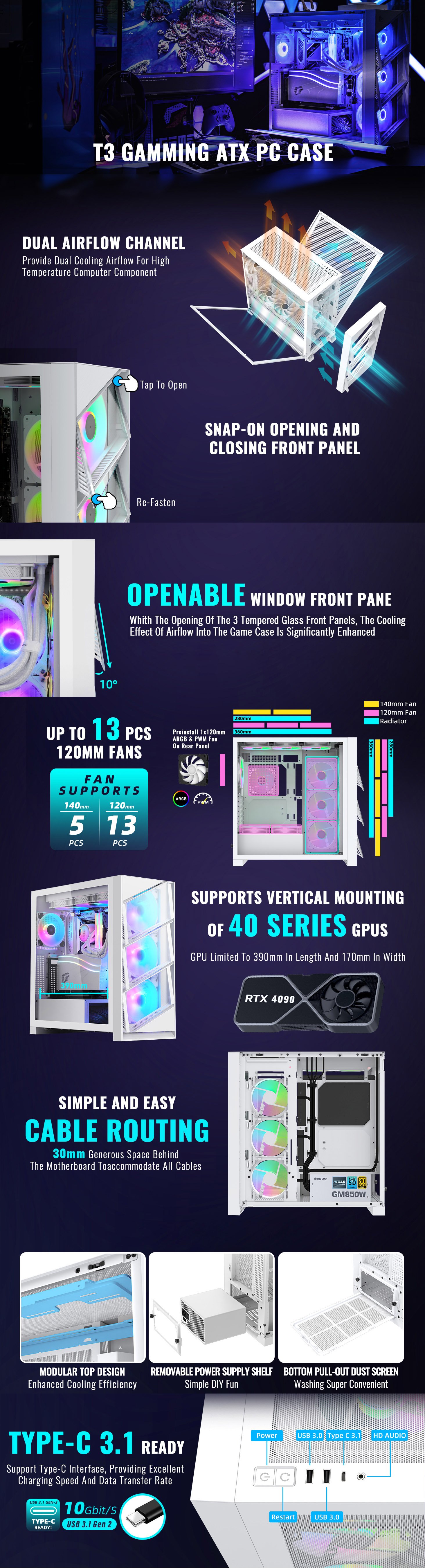  Segotep T3 White Mid-Tower ATX Gaming PC Case, Support Top &  Side 360mm Radiators, GPU Snap-On Opening & Closing Front Panel, Type-C  Ready, Tool-Free Disassemble (Pre-Install One ARGB & PWM Fan) 