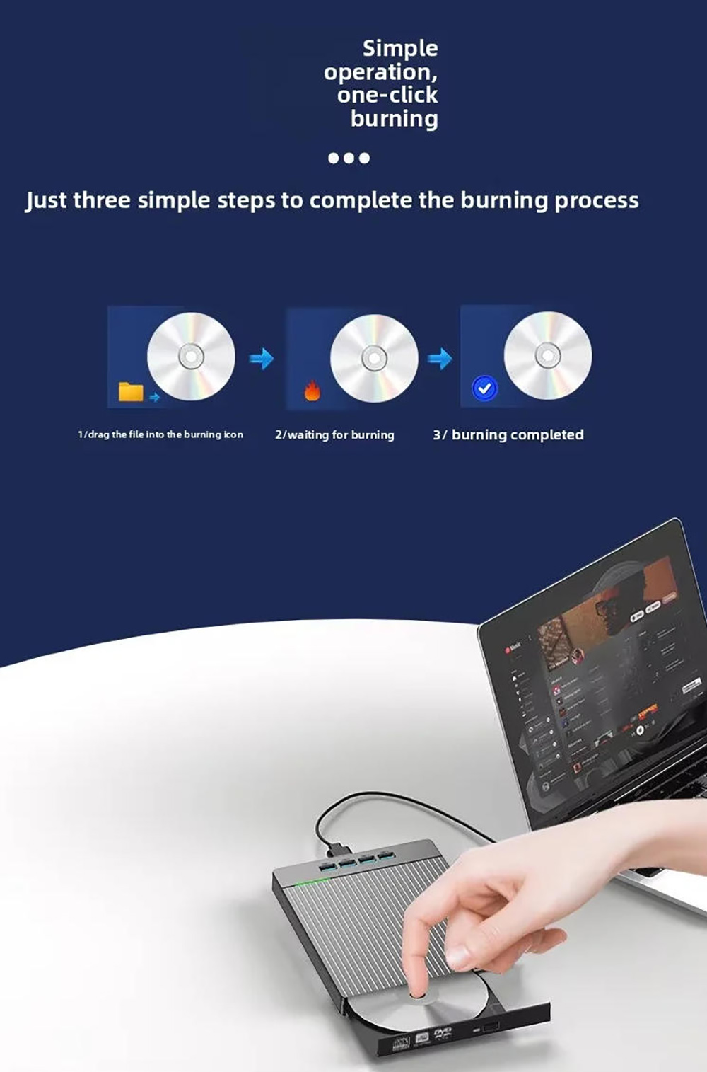 7 in1 External CD DVD Burner Recorder with 4 USB A Hub & SD/TF Card Reader, External CD/DVD Drive US