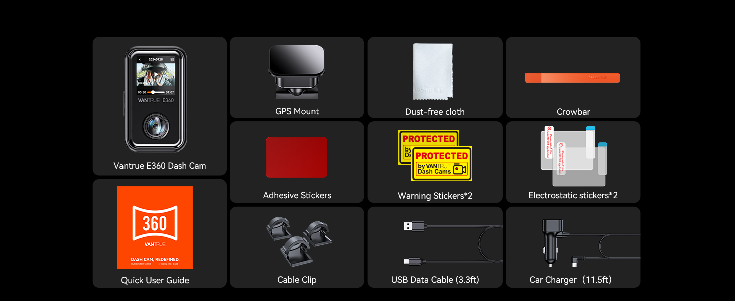 vantrue e360 dash cam package listing