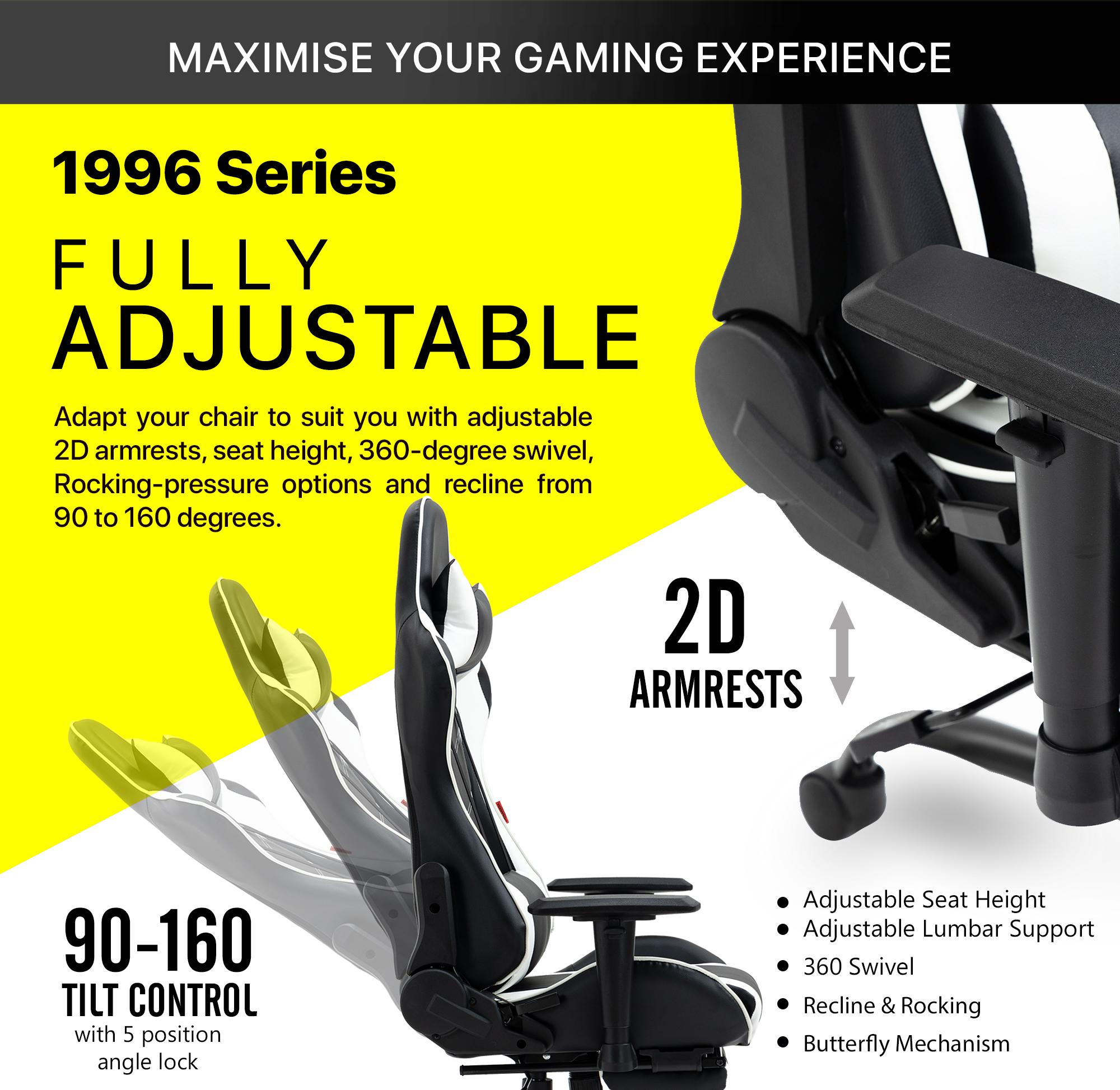 The backrest can be positioned at any angle from 90-160 degree reclining for work, gaming, studying