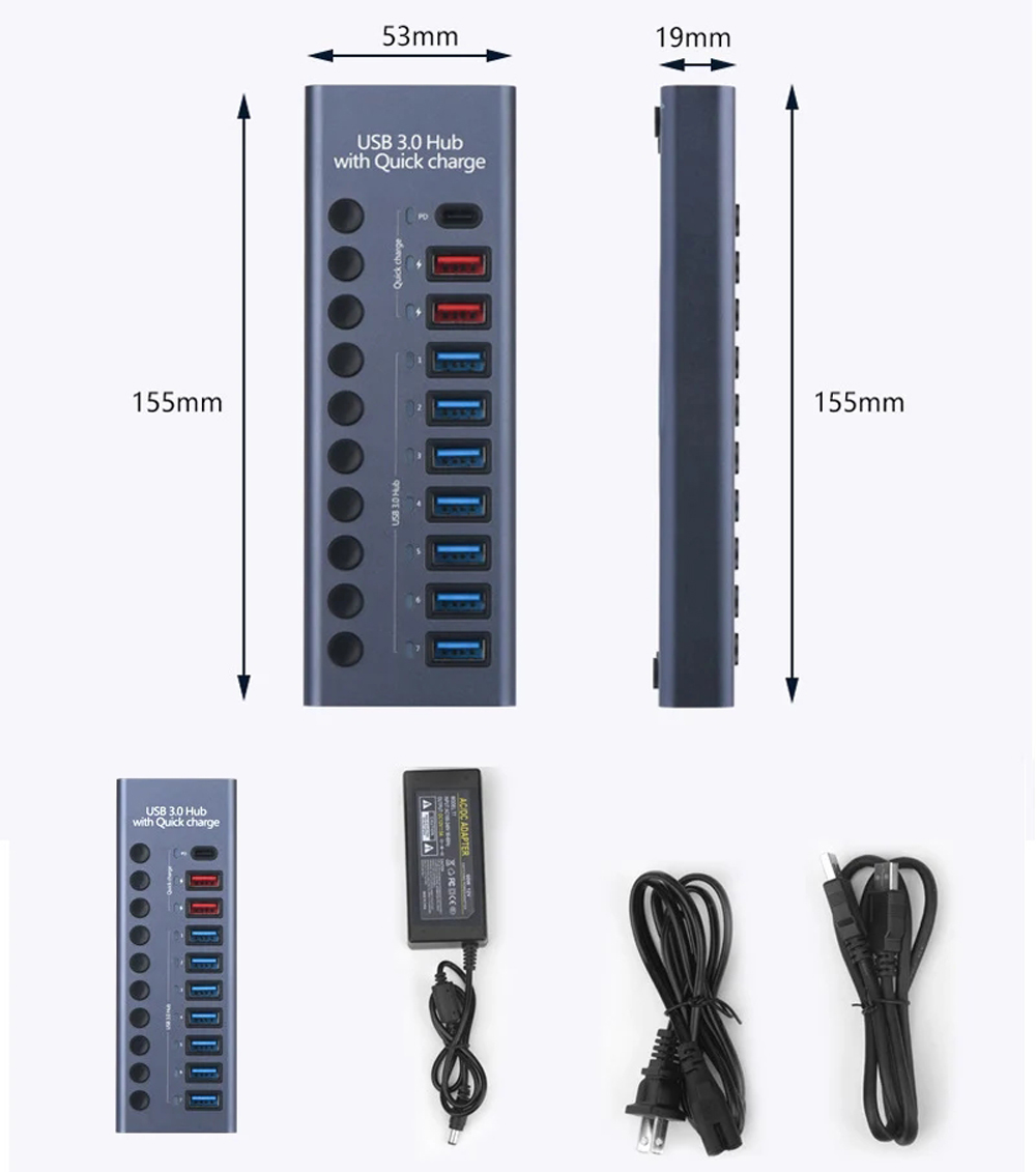 10 Port Aluminum Powered USB 3.0 Hub7 USB 3.0 Data Transmission Ports + 2  Smart Charging Ports + 1 PD Charging Portwith Individual Switches for PC,  Laptops, MacBook Pro/Air, iMac 