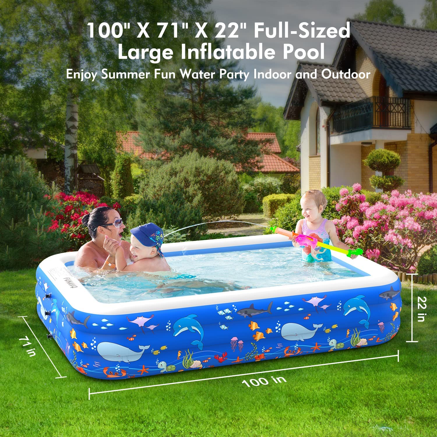 Inflatable Swimming Pools, FUNAVO Inflatable Pool for kids, Kiddie, Toddler,  Adults, 100 X71 X22 Family Full