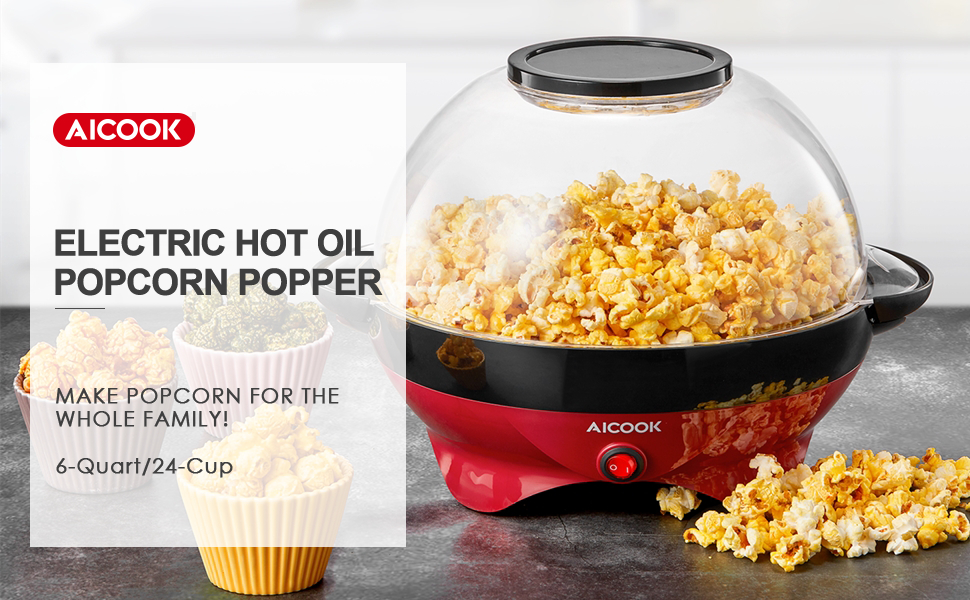 Popcorn Machine, 6-Quart/24-Cup 800W Fast Heat-up Popcorn Popper 6 Quarts Of Popcorn Is How Many Cups