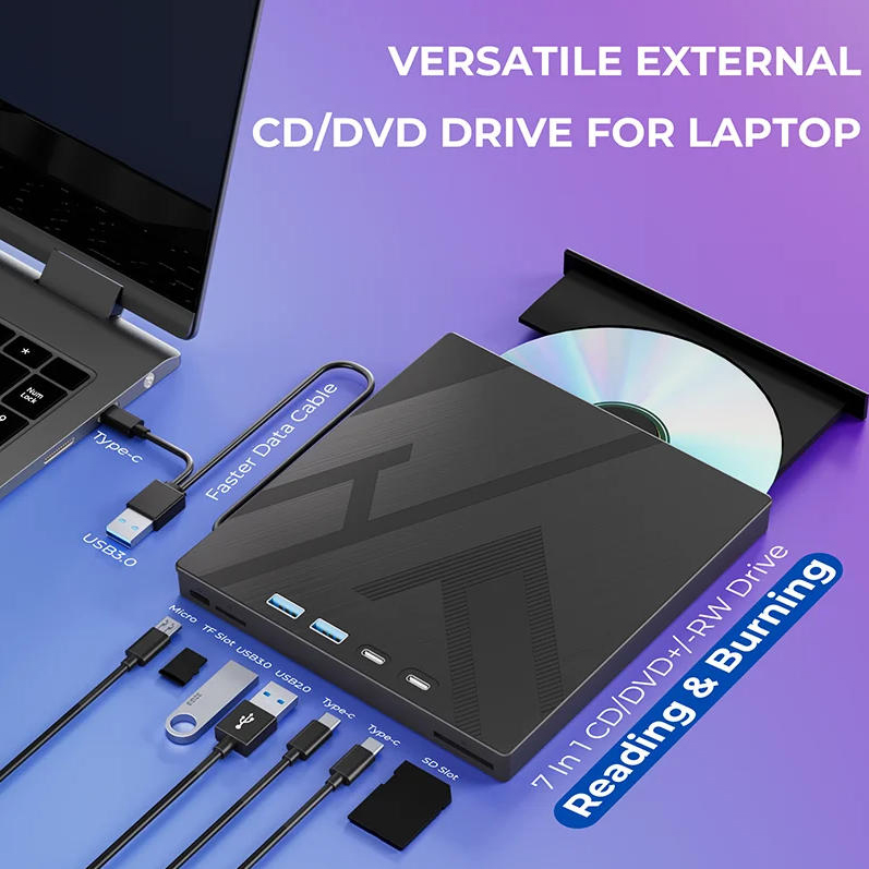 7-in-1 External CD/DVD Drive, USB 3.0 & Type-C External DVD Drive , Portable CD/DVD RW Player Burner